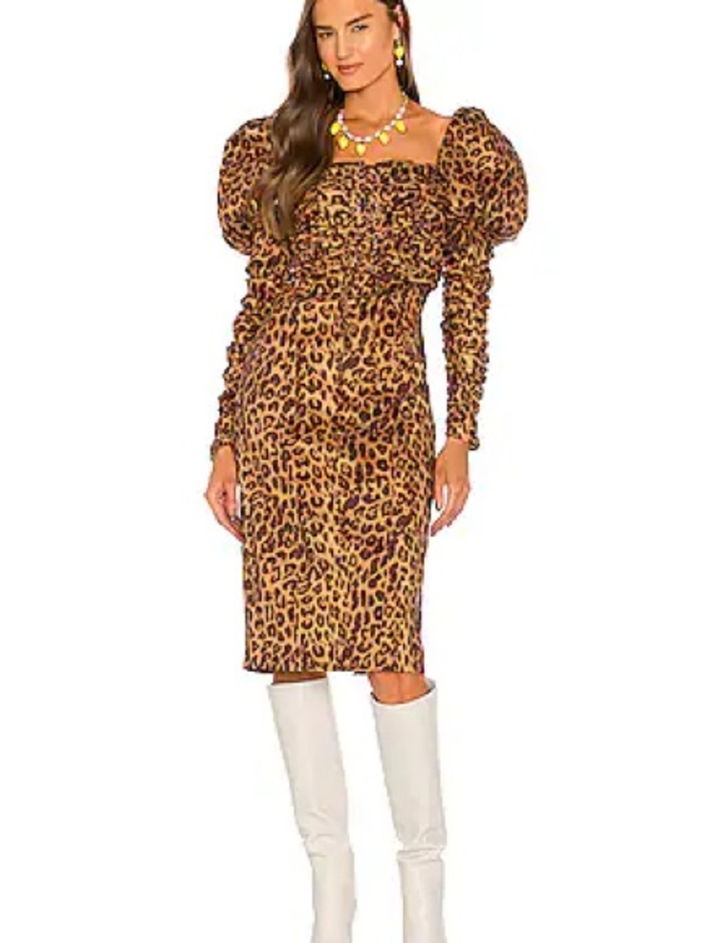 LPA ABANA DRESS RUCHED MIDI BROWN ANIMAL PRINT SIZE XS / AU 4